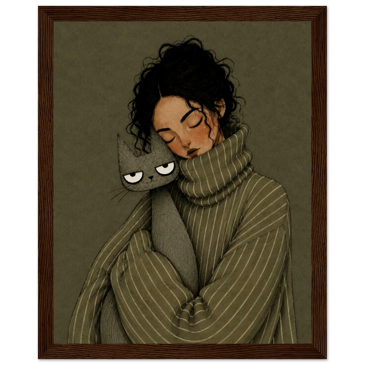 Cozy Girl and Cat Wall Art Print featuring a girl cuddling with a gray cat in a warm, vintage style.