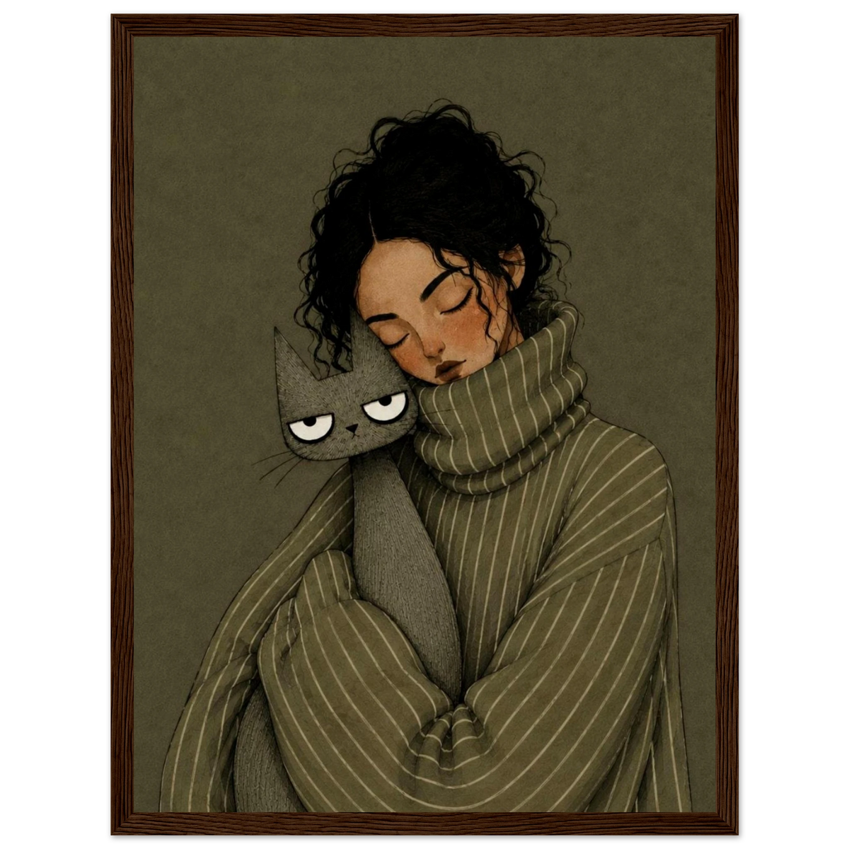 Cozy girl and cat wall art print featuring a girl with a gray cat in a sweater, evoking warmth and comfort.