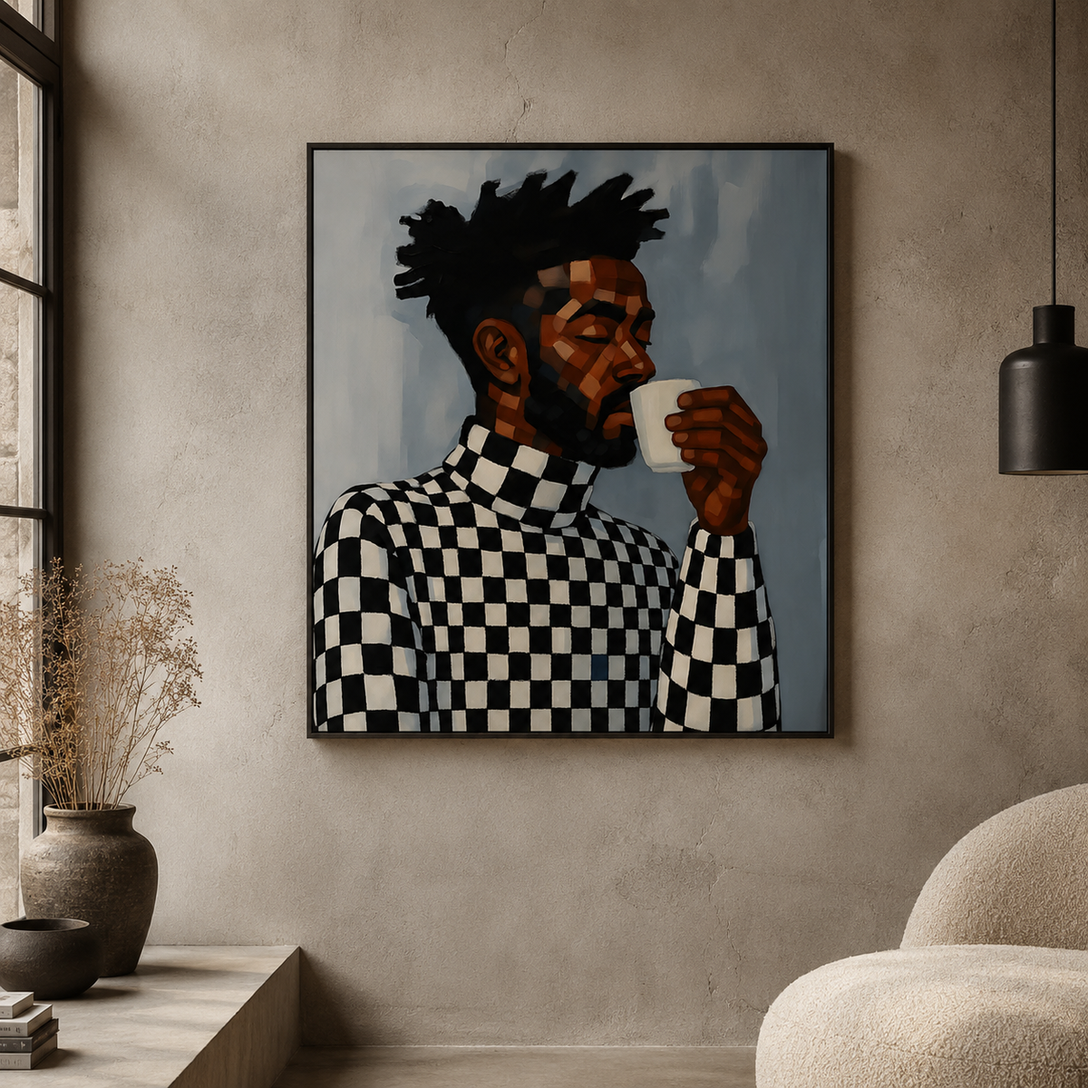 Geometric Black Man Wall Art featuring a modern coffee portrait