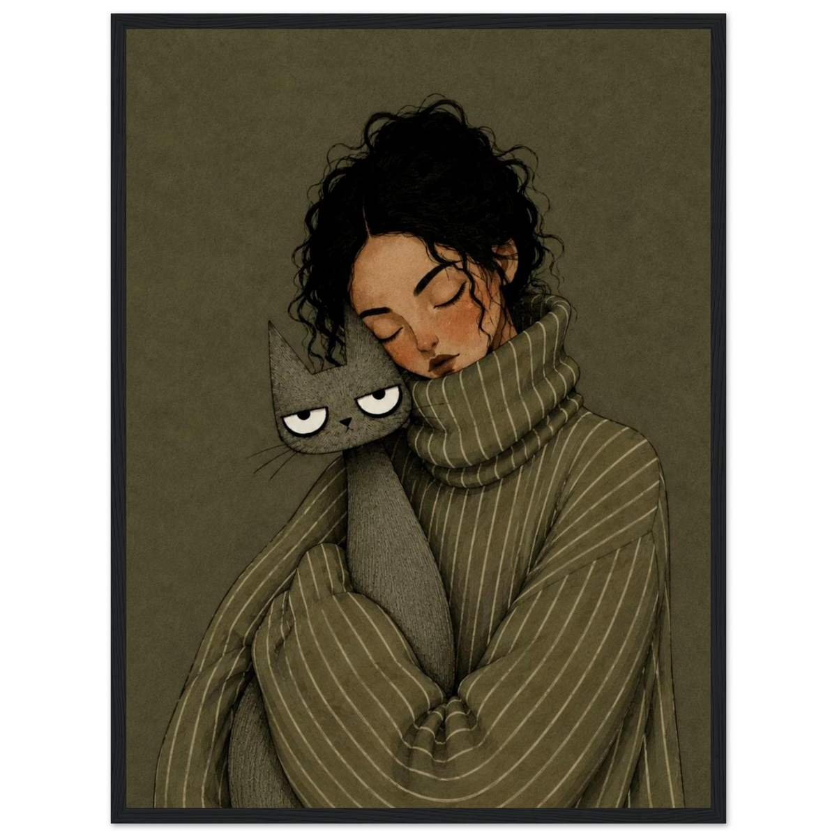 Cozy girl and cat wall art print featuring a girl embraced by a charming gray cat for warm home decor.