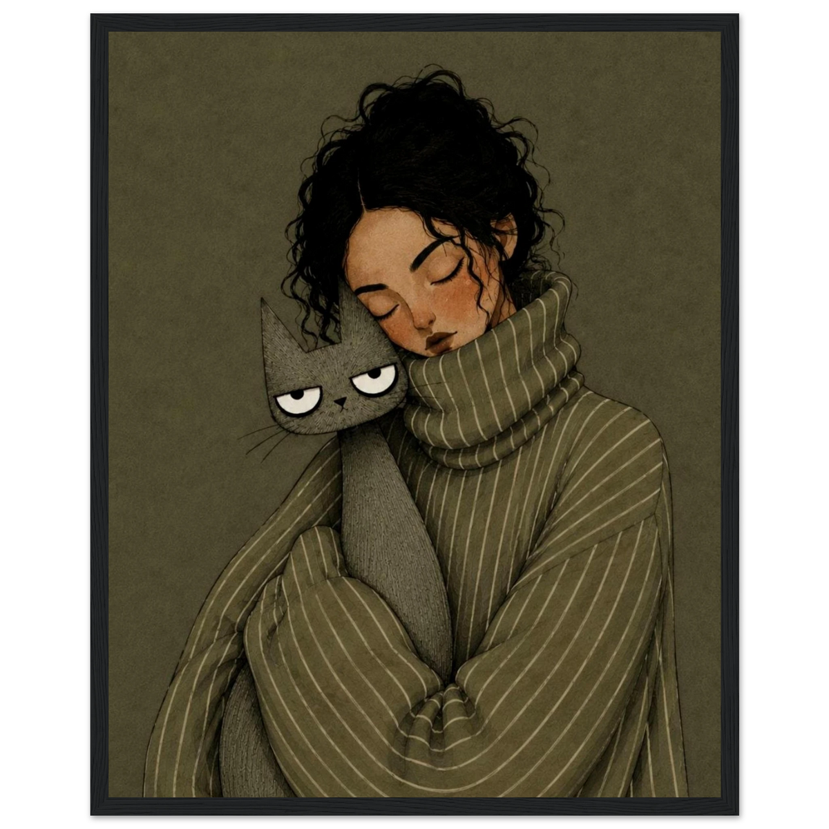 Cozy girl and cat wall art print featuring a girl cuddling a gray cat in a vintage style.