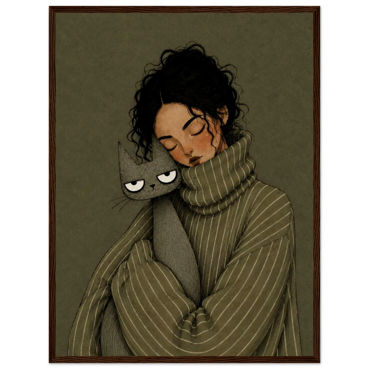 Cozy girl and cat wall art print featuring a girl cuddling a gray cat in a vintage style.