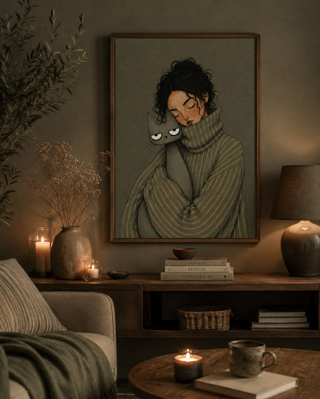 Girl and Cat Printable Wall Art depicting a woman in a cozy sweater holding a gray cat in olive green tones.