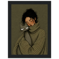 Cozy girl and cat wall art print featuring a girl cuddling a gray cat in a vintage style.