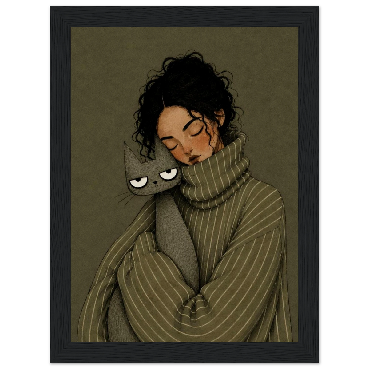 Cozy girl and cat wall art print featuring a girl cuddling a gray cat in a vintage style.