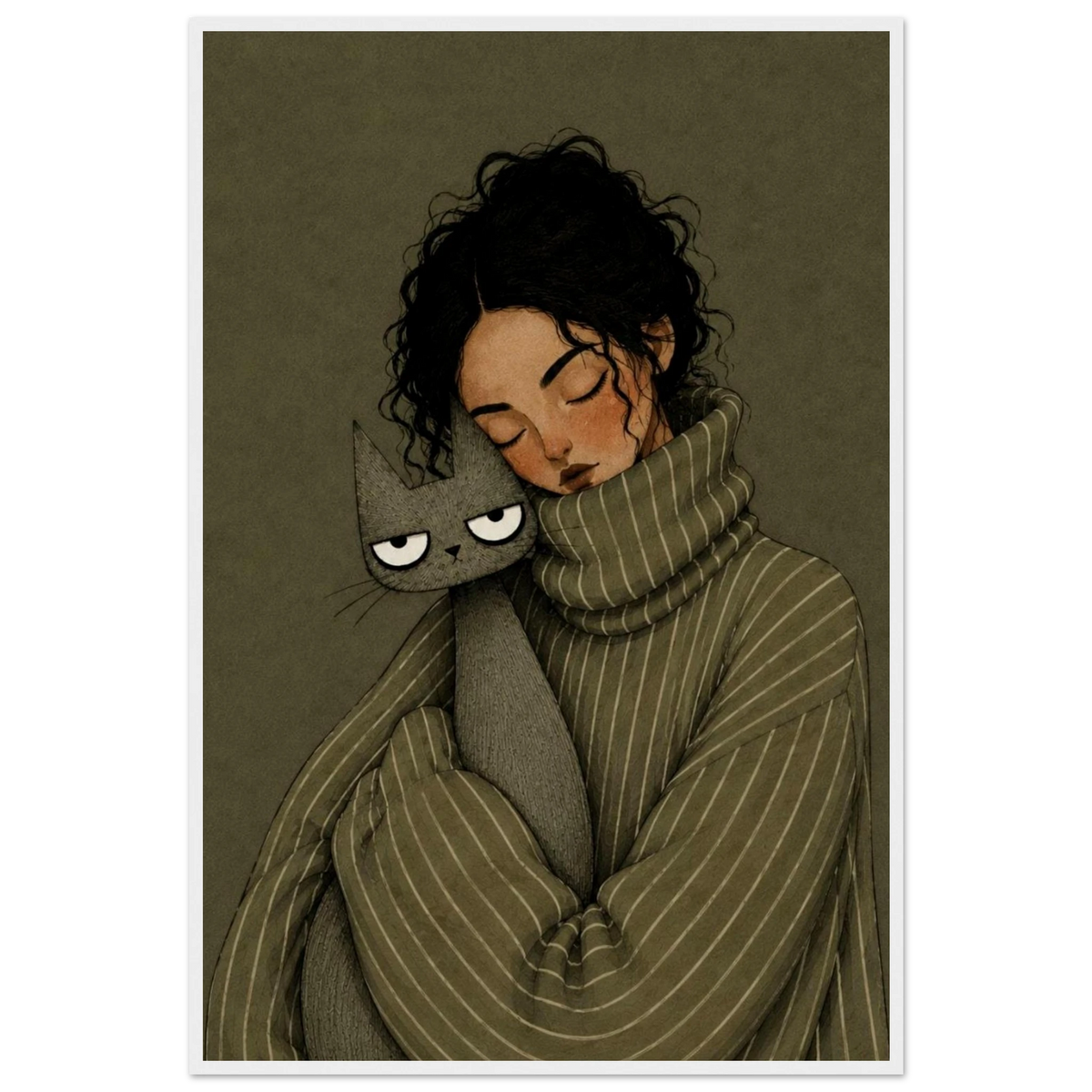 Cozy girl and cat wall art print featuring a girl cuddling a gray cat in a vintage style.