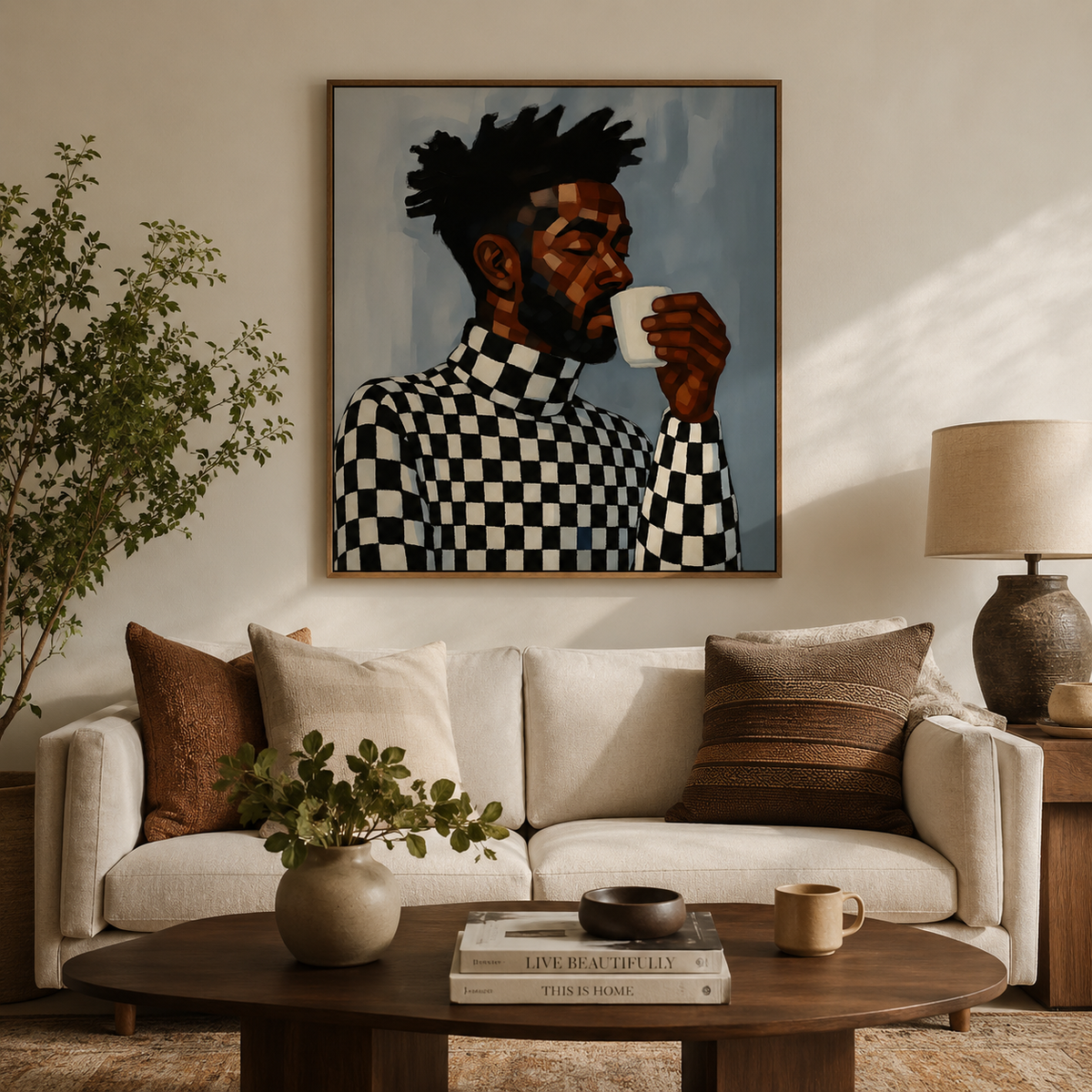 Geometric Black Man Wall Art featuring a modern coffee portrait
