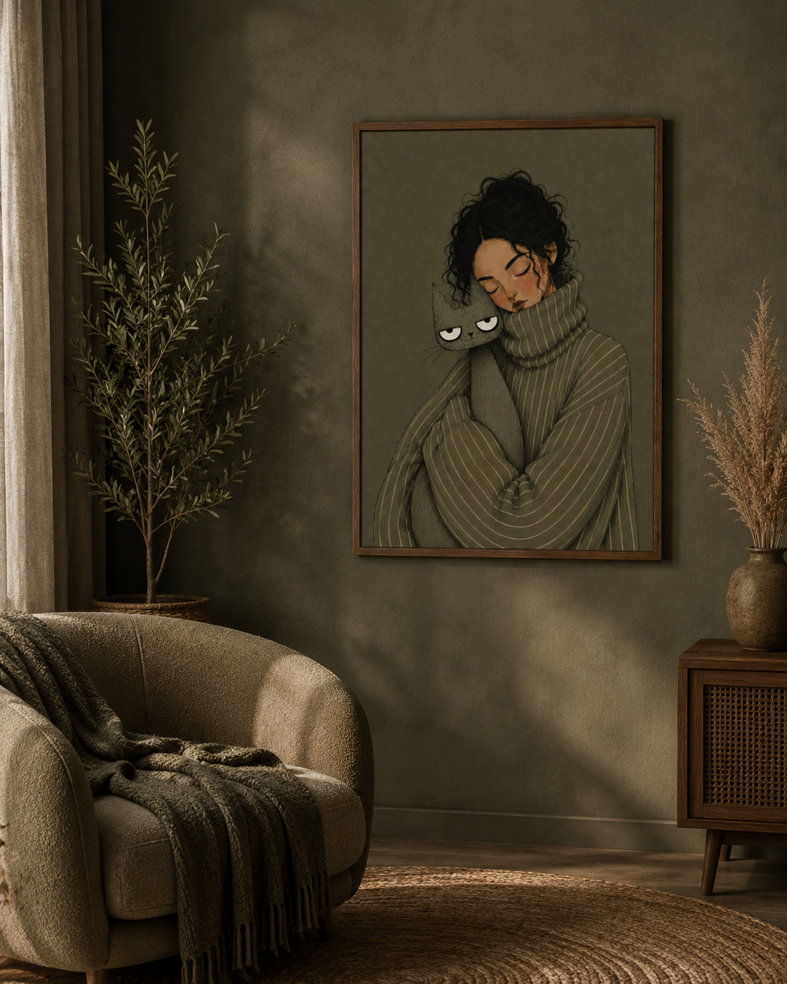 Girl and cat printable wall art featuring a woman with a gray cat in a cozy olive-green living space.