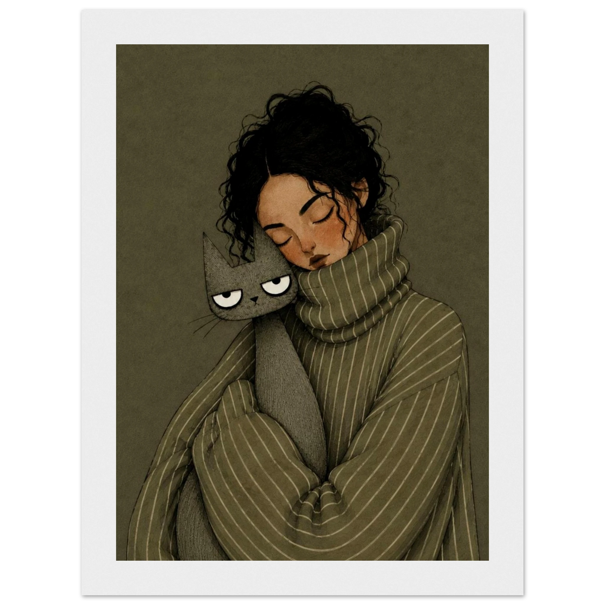 Cozy girl and cat wall art print featuring a girl cuddling a gray cat in a vintage style.