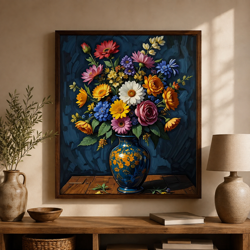 Colorful Floral Wall Art featuring flowers in a blue vase