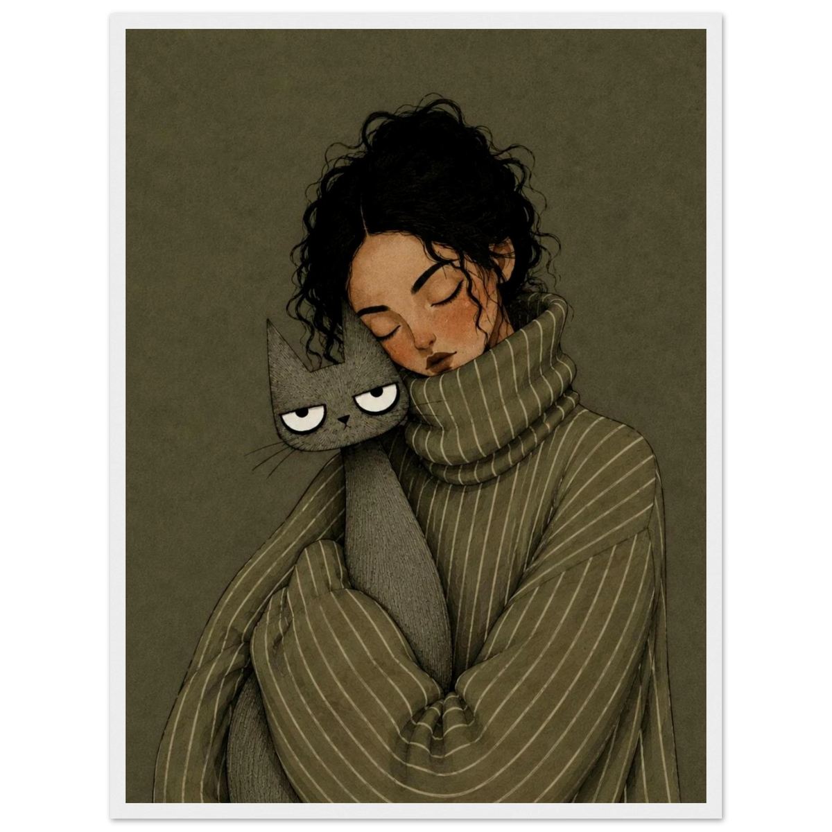 girl and cat wall art print featuring a girl in a striped sweater cuddling a gray cat with a serene expression.