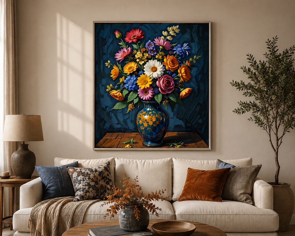 Colorful Floral Wall Art featuring flowers in a blue vase