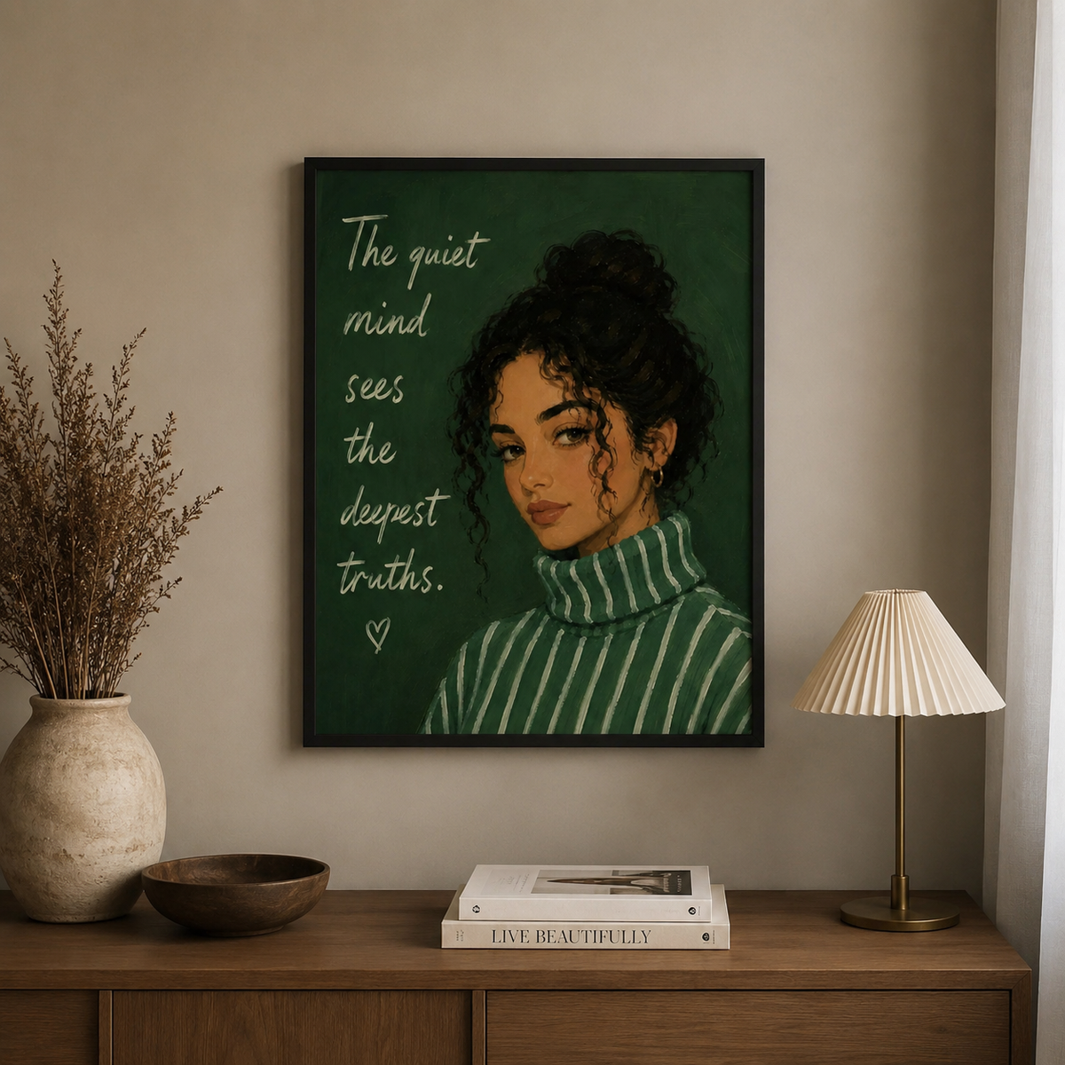 Woman Portrait Printable Wall Art featuring curly-haired woman and wisdom quote 
