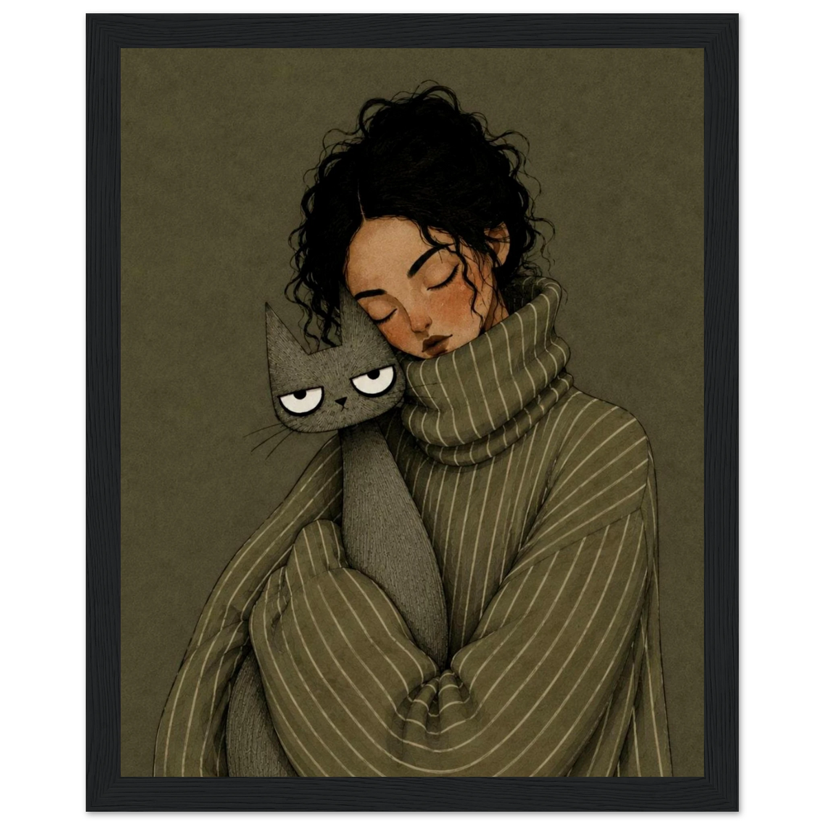 Cozy girl and cat wall art print featuring a girl cuddling a gray cat in a vintage style.