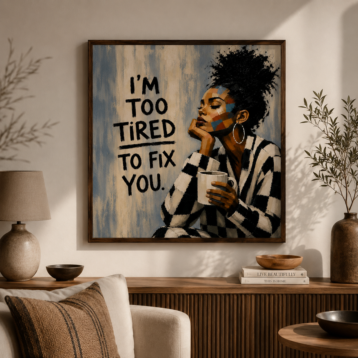 I'm Too Tired to Fix You Wall Art with bold feminine quote design
