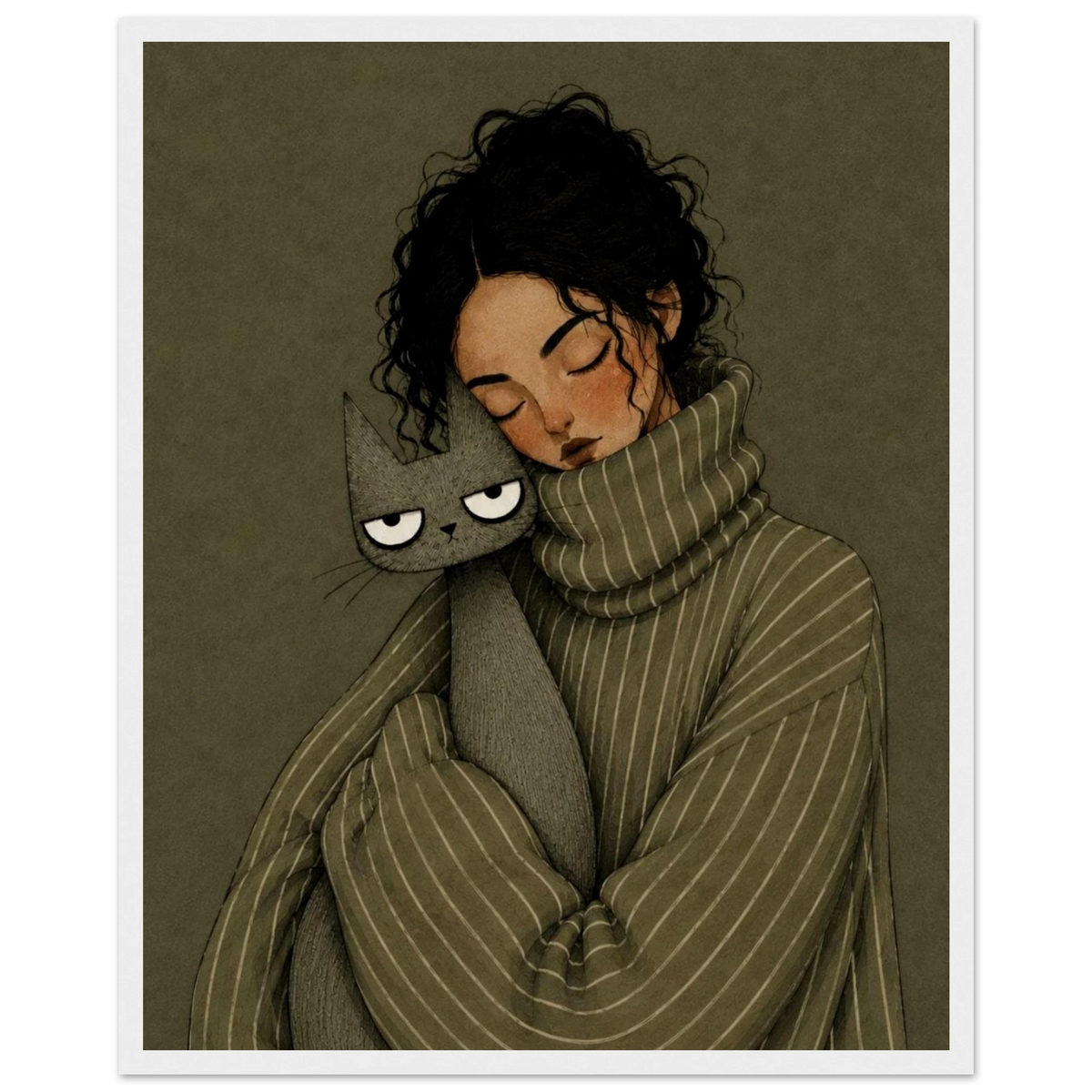 Cozy girl and cat wall art print featuring a girl cuddling a gray cat in a vintage style.