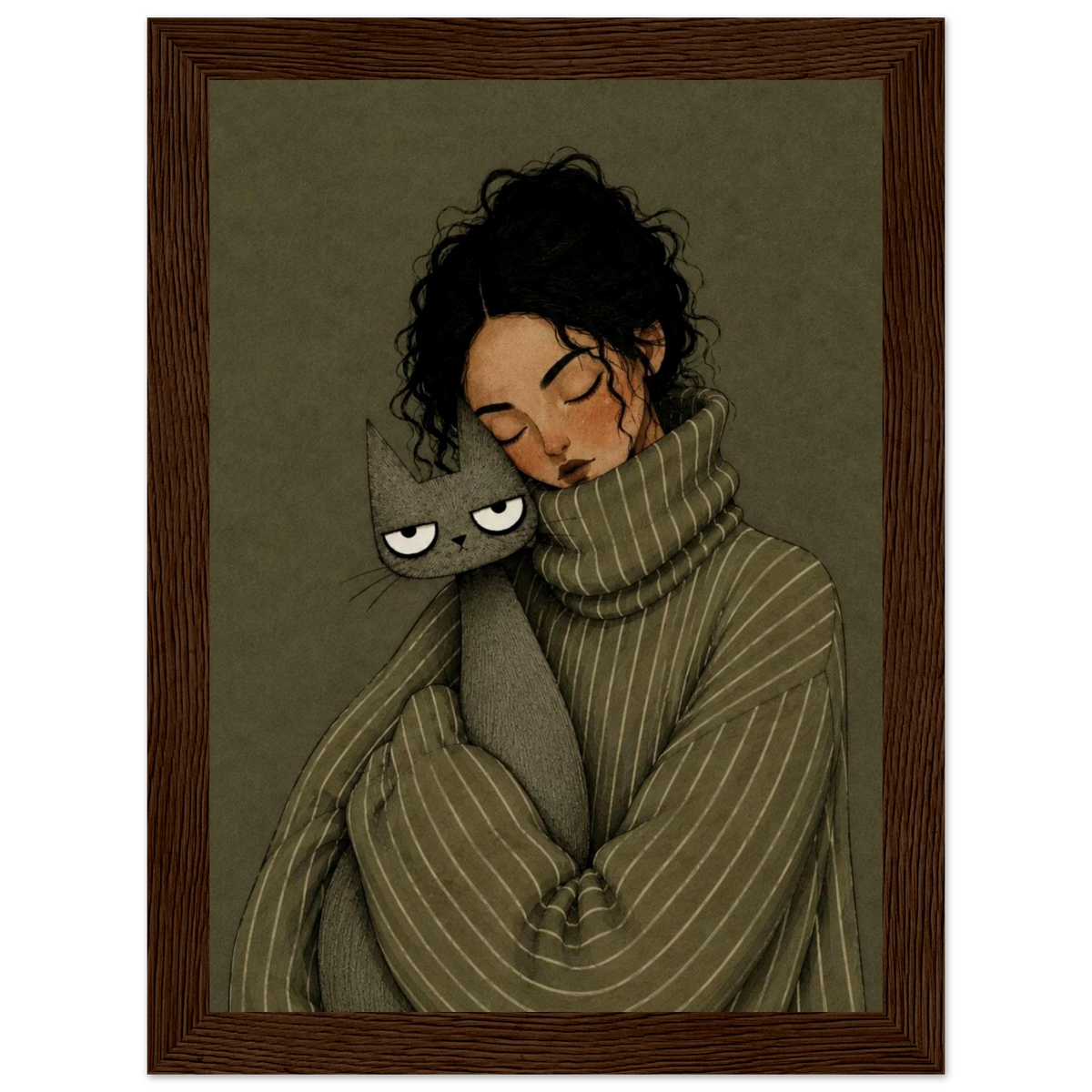 Cozy girl and cat wall art print, featuring a girl in a striped sweater cuddling a gray cat, perfect for winter bedroom decor.