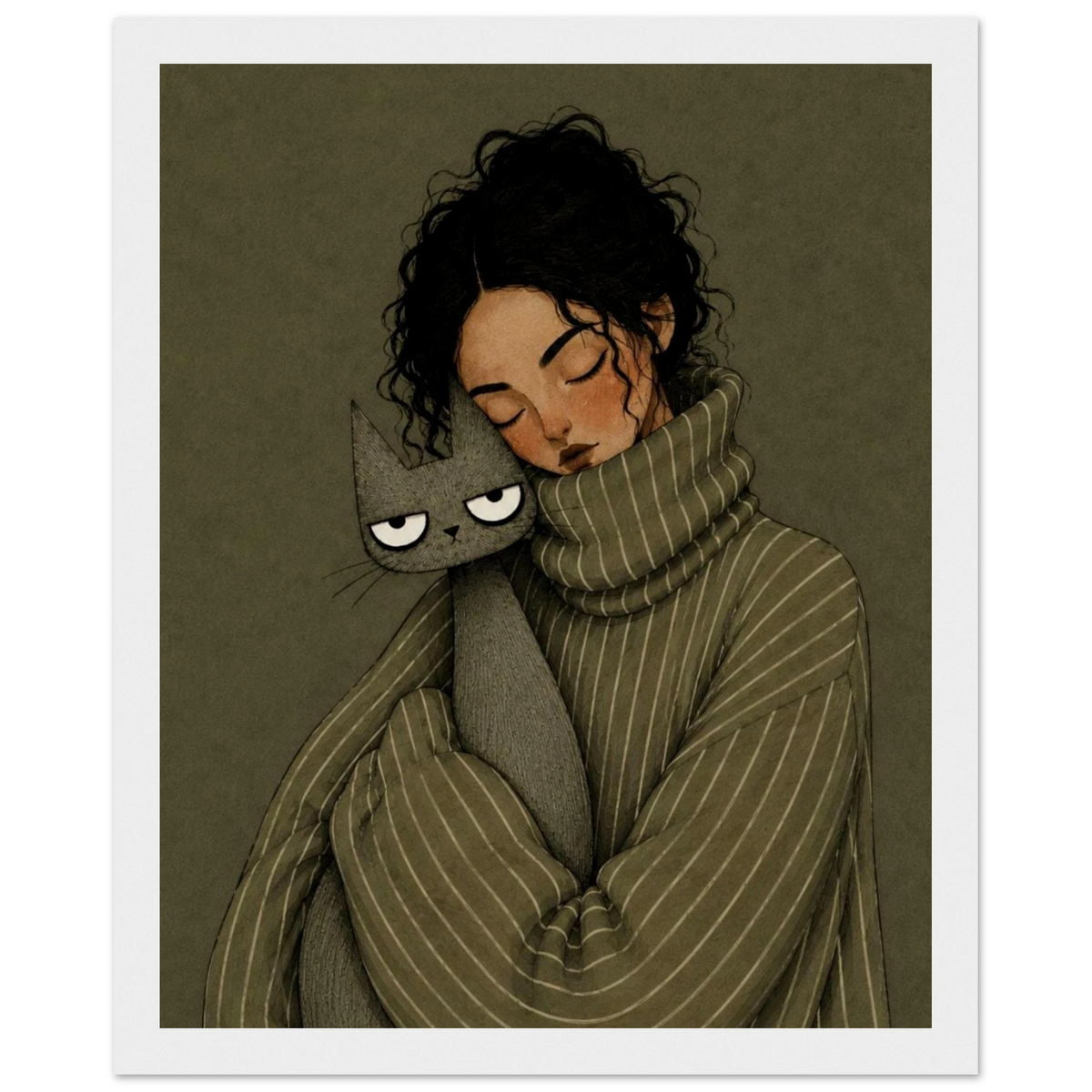 Cozy girl and cat wall art print featuring a girl cuddling a gray cat in a vintage style.