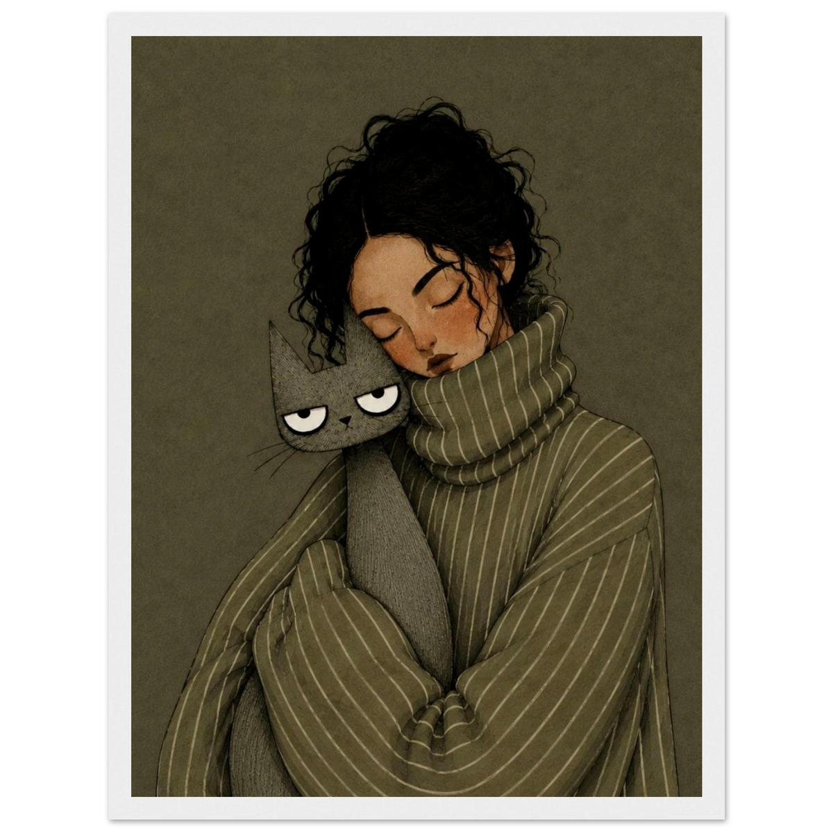 Cozy girl and cat wall art print featuring a girl cuddling a gray cat in a vintage style.