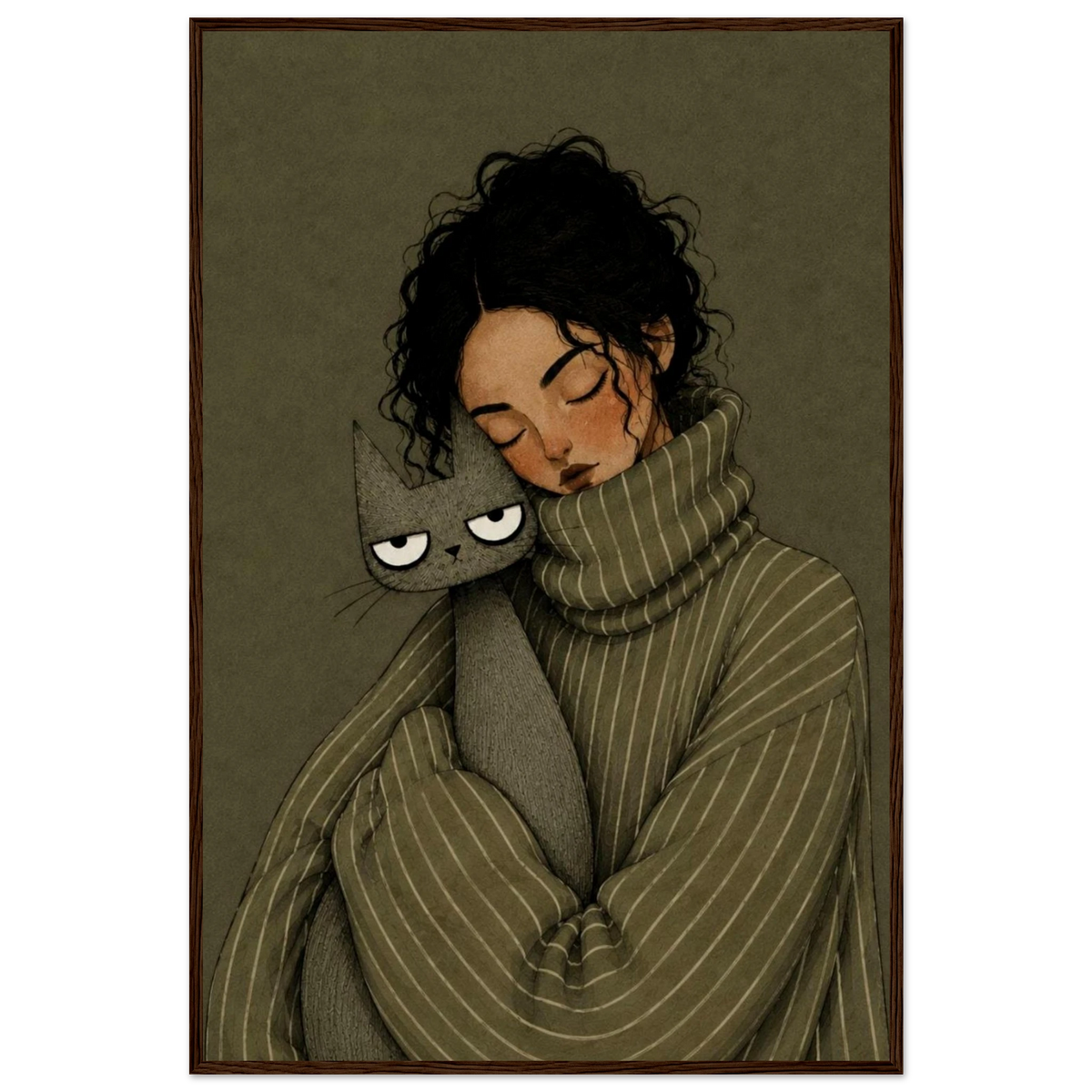Cozy girl and cat wall art print, vintage cottagecore framed poster for winter bedroom decor.