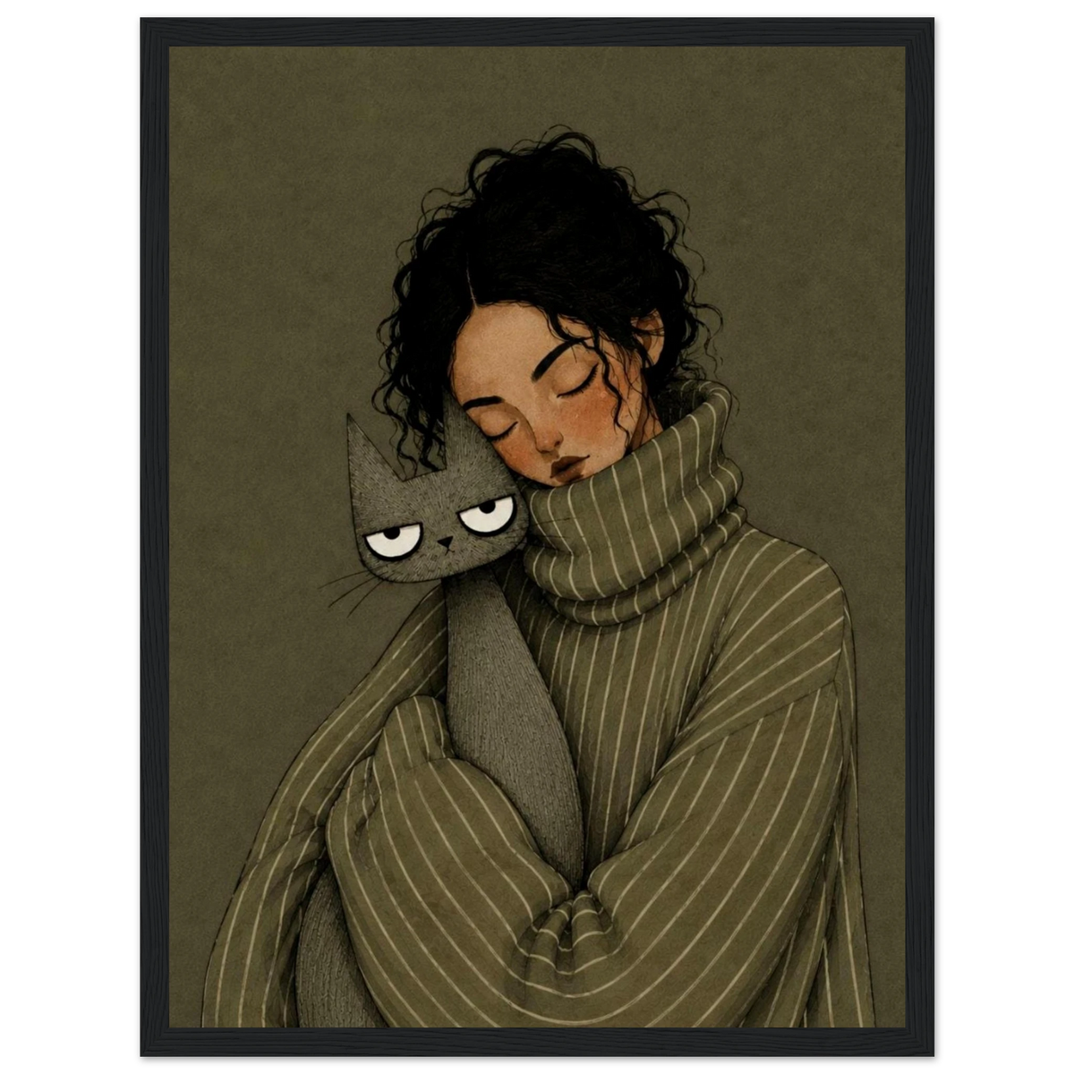 Cozy girl and cat wall art print featuring a girl cuddling a gray cat in a vintage style.