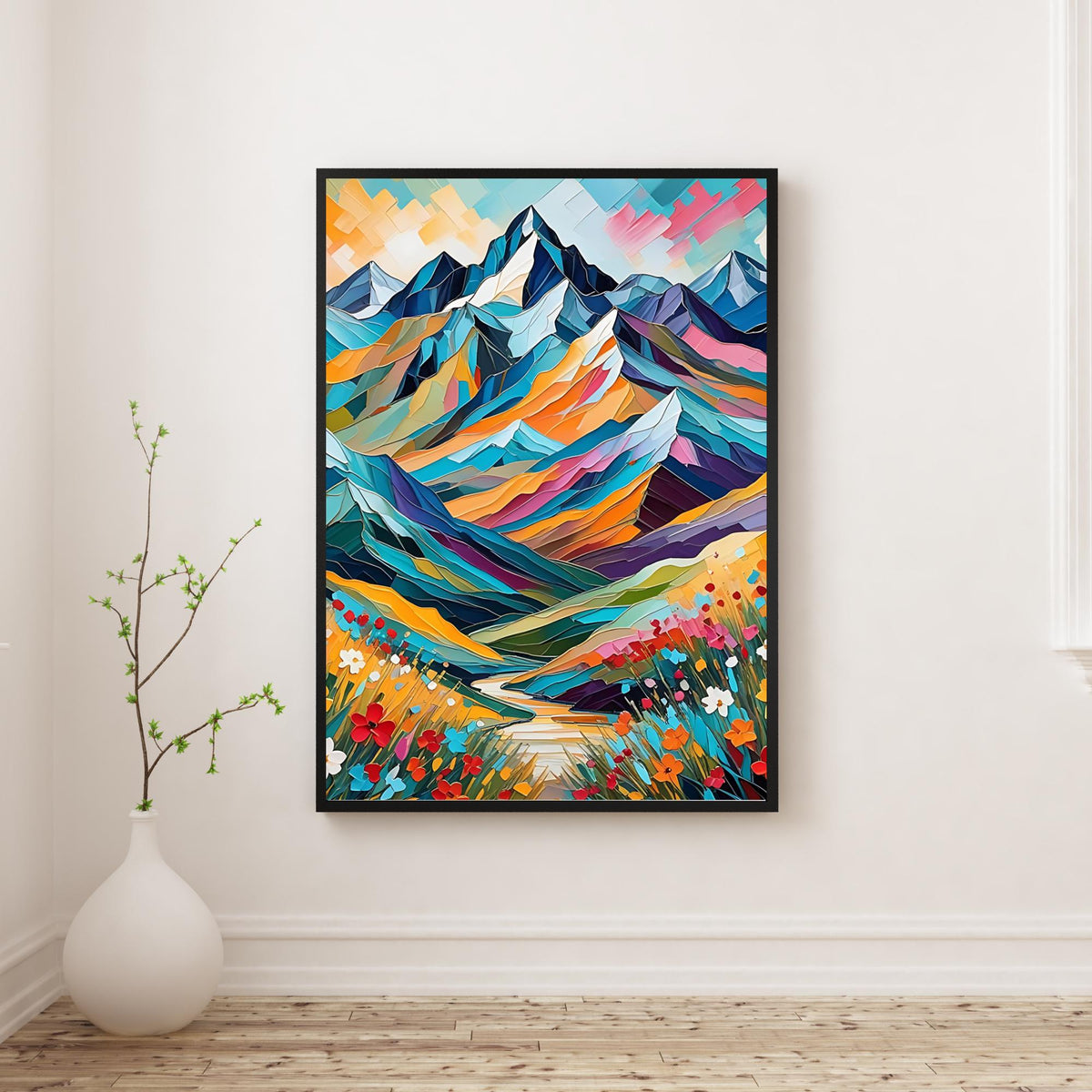 Abstract Colorful Mountains Wall Art featuring a vibrant modern landscape