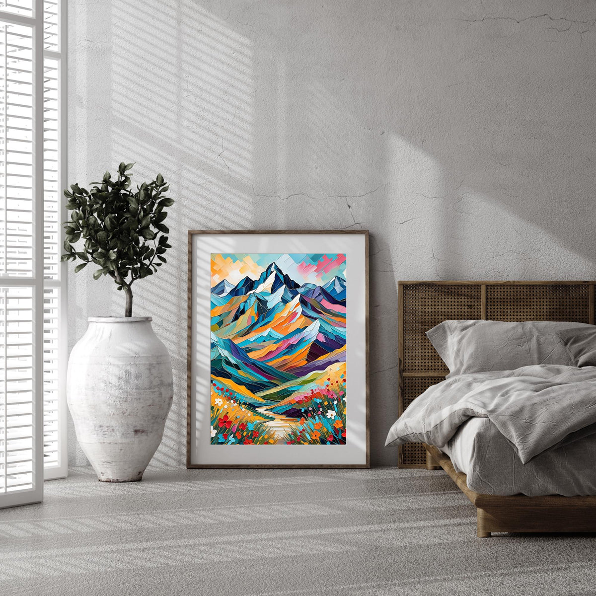 Abstract Colorful Mountains Wall Art featuring a vibrant modern landscape