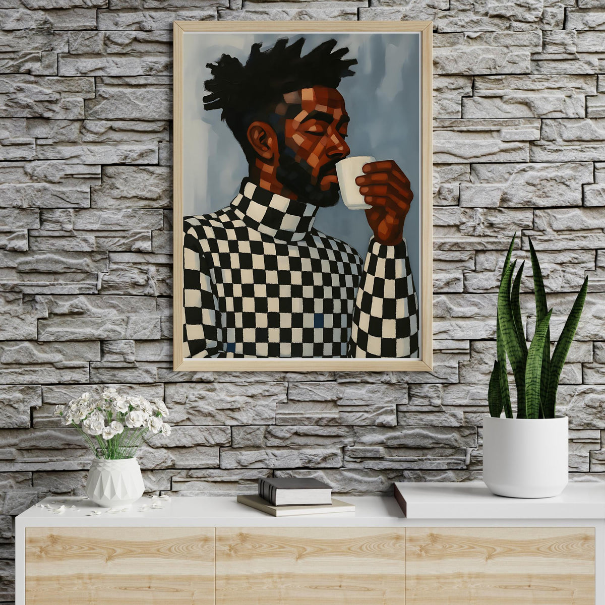 Geometric Black Man Wall Art featuring a modern coffee portrait